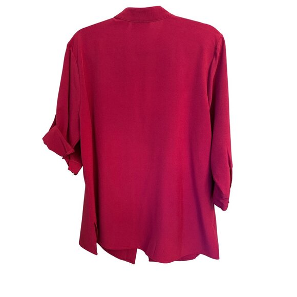 Kathy Che Button-Up Red Tunic Shirt 14/16W Mandarin Collar Roll Tab Sleeves - Picture 2 of 10
